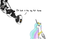 Size: 640x322 | Tagged: safe, artist:nismorose, derpibooru import, princess celestia, alicorn, pony, annoyed, chest fluff, crown, ear fluff, ears, ethereal mane, female, glados, horn, insult, jewelry, mare, portal (valve), regalia, simple background, sparkly mane, speech, talking, text, wavy mane, white background, wings