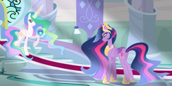 Size: 1280x640 | Tagged: safe, artist:existencecosmos188, derpibooru import, princess celestia, princess twilight 2.0, twilight sparkle, twilight sparkle (alicorn), alicorn, pony, the last problem, base used, butt, duo, ethereal mane, ethereal tail, female, glowing, glowing horn, hoof shoes, horn, indoors, long mane, long tail, magic, mare, older, older twilight, plot, raised hoof, raised leg, slim, starry mane, tail, tall, telekinesis