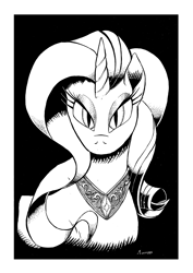 Size: 904x1280 | Tagged: safe, artist:darkhestur, derpibooru import, nightmare rarity, rarity, unicorn, female, ink, ink drawing, jewelry, looking at you, mare, necklace, solo, solo female, traditional art