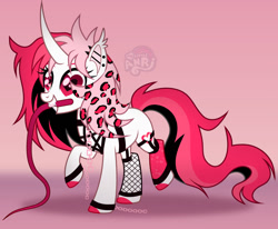 Size: 1280x1053 | Tagged: safe, artist:emperor-anri, derpibooru import, oc, oc only, pony, unicorn, ear piercing, female, fishnet stockings, horn, mare, piercing, raised hoof, raised leg, solo, unicorn oc, whip