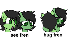 Size: 680x383 | Tagged: safe, artist:omelettepony, oc, oc only, oc:anon filly, earth pony, pony, caption, female, filly, foal, hug, simple background, white background