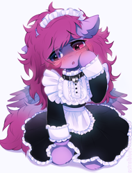 Size: 1842x2421 | Tagged: safe, artist:astralblues, derpibooru import, oc, oc only, oc:veen, pegasus, pony, :o, bell, bell collar, blushing, clothes, collar, commission, ear fluff, ears, eye clipping through hair, eyebrows, eyebrows visible through hair, female, freckles, heterochromia, hoof on face, kneeling, maid, maid headdress, mare, no nose, no nostrils, open mouth, pegasus oc, simple background, solo, white background