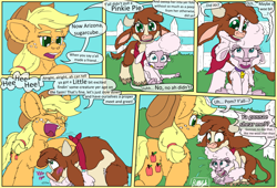 Size: 1584x1080 | Tagged: safe, artist:firefanatic, derpibooru import, applejack, arizona cow, pom lamb, cow, earth pony, lamb, pony, sheep, them's fightin' herds, applejack's hat, chest fluff, clothes, comic, community related, cowboy hat, dialogue, fence, fluffy, hat, talking