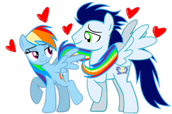 Size: 1350x895 | Tagged: safe, artist:mlplary6, derpibooru import, rainbow dash, soarin', pegasus, pony, female, heart, looking at each other, looking at someone, male, mare, seduction, shipping, simple background, smiling, smiling at each other, soarindash, stallion, straight, tail, tail seduce, transparent background, vector