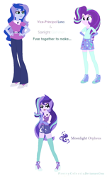 Size: 794x1314 | Tagged: safe, artist:prettycelestia, derpibooru import, princess luna, starlight glimmer, vice principal luna, equestria girls, clothes, eyeshadow, four eyes, fusion, gloves, lipstick, long gloves, makeup, scarf, simple background, socks, stocking feet, striped mane, thigh highs, uniform, white background