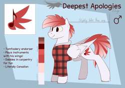 Size: 7017x4960 | Tagged: safe, artist:renderpoint, derpibooru import, oc, oc only, oc:deepest apologies, pegasus, pony, clothes, male, redesign, reference sheet, slim, solo, stallion, text