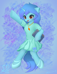 Size: 1703x2221 | Tagged: safe, artist:speedy dashie, derpibooru import, oc, oc only, oc:zerol acqua, semi-anthro, unicorn, abstract background, book, clothes, cute, dress, female, jewelry, necklace, shoes, solo