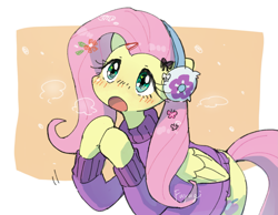 Size: 2601x2022 | Tagged: safe, artist:fuyugi, derpibooru import, fluttershy, pegasus, pony, blushing, breath, clothes, cute, earmuffs, female, hooves together, mare, open mouth, shyabetes, solo, sweater, sweatershy