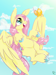 Size: 900x1210 | Tagged: safe, artist:pagophasia, derpibooru exclusive, derpibooru import, fluttershy, butterfly, pegasus, pony, cloud, cute, daytime, female, flying, looking up, reflection, shyabetes, smiling, solo, unshorn fetlocks