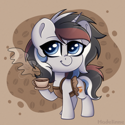 Size: 2000x2000 | Tagged: safe, artist:madelinne, derpibooru import, oc, oc only, oc:soothing song, unicorn, chibi, clothes, coffe, coffee mug, commission, maid, mug, solo