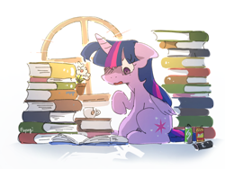 Size: 3200x2400 | Tagged: safe, artist:fuyugi, derpibooru import, twilight sparkle, twilight sparkle (alicorn), alicorn, pony, book, can, cup, ears, energy drink, female, floppy ears, flower, folded wings, horn, mare, one eye closed, open mouth, pile of books, reading, signature, sitting, solo, teacup, window, wings