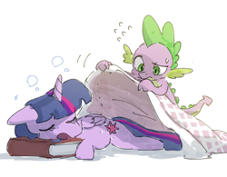 Size: 2724x2121 | Tagged: safe, artist:fuyugi, derpibooru import, spike, twilight sparkle, twilight sparkle (alicorn), alicorn, dragon, pony, blanket, book, cup, cute, duo, ears, eyes closed, female, floppy ears, folded wings, horn, lying down, male, mare, one eye closed, open mouth, prone, simple background, sleeping, spikabetes, teacup, tucking in, twiabetes, white background, wings