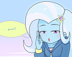 Size: 1374x1101 | Tagged: safe, artist:batipin, derpibooru import, trixie, equestria girls, looking at you, open mouth, solo, speech bubble, talking to viewer