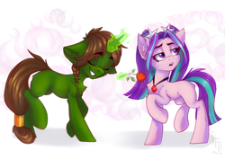 Size: 3508x2480 | Tagged: safe, artist:falafeljake, derpibooru import, aria blaze, oc, oc:tokamak, earth pony, pony, unicorn, duo, duo male and female, ears, eyes closed, female, floppy ears, flower, high res, male