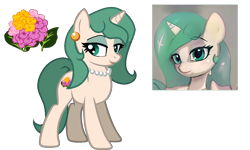 Size: 1500x898 | Tagged: safe, artist:raini-bases, artist:thisponydoesnotexist, artist:zeka10000, derpibooru import, machine learning generated, oc, oc only, oc:lantana camara, unicorn, base used, beads, cutie mark, ear piercing, earring, female, jewelry, looking at you, makeup, mare, piercing, simple background, smiling, solo, standing, transparent background