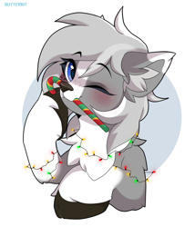 Size: 1200x1400 | Tagged: safe, artist:butterbit, derpibooru import, oc, oc only, oc:silverlining, deer, deer pony, original species, pony, bust, candy, candy cane, christmas, christmas lights, cute, food, holiday, simple background, solo, white background