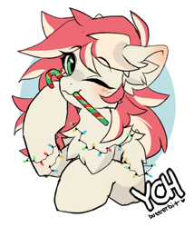 Size: 1200x1400 | Tagged: safe, artist:butterbit, derpibooru import, alicorn, earth pony, pegasus, pony, unicorn, candy, candy cane, christmas, christmas lights, commission, cute, food, holiday, simple background, solo, white background, your character here