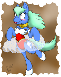 Size: 2416x3072 | Tagged: safe, artist:dashingjack, derpibooru import, oc, oc:brainstorm, clothes, cookie, crossdressing, food, gingerbread (food), gingerbread man, solo, tickling, tutu