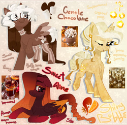 Size: 4034x3972 | Tagged: safe, artist:irinamar, derpibooru import, oc, oc only, oc:gentle chocolate, oc:shiny bubble, oc:sweet wine, crystal pony, pegasus, pony, unicorn, braid, braided tail, chocolate, choker, cinnamon stick, clothes, colored wings, crystal pony oc, crystal unicorn, crystal unicorn oc, ear piercing, earring, ears back, eyeshadow, folded wings, food, freckles, gradient hair, gradient mane, gradient tail, horn, hot chocolate, jewelry, lying down, makeup, marshmallow, one eye closed, pegasus oc, piercing, spread wings, stockings, tail, thigh highs, unicorn oc, walking, wings, wink