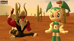 Size: 3413x1920 | Tagged: safe, artist:gradiusfanatic, derpibooru import, lord tirek, minotaur, robot, 3d, crossover, desert, female, jenny wakeman, male, my life as a teenage robot, source filmmaker