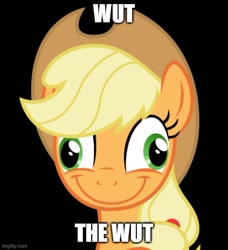 Size: 500x549 | Tagged: safe, derpibooru exclusive, derpibooru import, screencap, applejack, earth pony, friendship is witchcraft, g4, derp, meme, photo, smiling