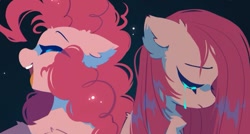 Size: 705x379 | Tagged: safe, artist:mirtash, derpibooru import, pinkie pie, earth pony, pony, chest fluff, crying, duality, ear fluff, ears, eyes closed, floppy ears, happy, open mouth, open smile, pinkamena diane pie, sad, smiling