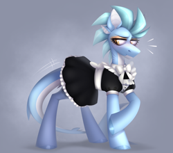 Size: 1826x1608 | Tagged: safe, derpibooru import, oc, oc only, merpony, original species, pony, shark, shark pony, bow, clothes, cute, digital art, dress, embarrassed, female, fins, fish tail, four ears, gills, looking down, maid, maid headdress, mare, simple background, skirt, skirt suit, socks, solo, stockings, suit, tail, thigh highs