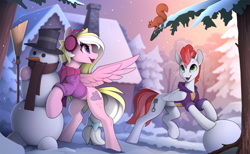 Size: 2500x1536 | Tagged: safe, artist:yakovlev-vad, derpibooru import, oc, oc only, oc:bay breeze, oc:swift apex, pegasus, pony, squirrel, beautiful, bow, broom, carrot, chimney, clothes, colored, cute, depth of field, duo, earmuffs, female, folded wings, food, green eyes, hoodie, house, looking at something, male, mare, ocbetes, open mouth, open smile, pegasus oc, purple eyes, raised leg, scarf, slim, smiling, snow, snowfall, snowman, spread wings, stallion, sternocleidomastoid, sweater, tail, tail bow, thin, tree, two toned hair, two toned mane, two toned tail, wings, winter