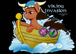Size: 2444x1737 | Tagged: safe, artist:kyokimute, derpibooru import, oc, oc only, oc:dioponi, earth pony, pony, 2015, coat of arms, convention, design, freckles, helmet, horned helmet, male, ocean, shield, shirt design, simple background, solo, stallion, viking, viking helmet, water, wave