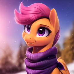 Size: 1280x1280 | Tagged: safe, derpibooru import, editor:xbi, machine learning assisted, scootaloo, pegasus, pony, clothes, female, mare, scarf, solo, winter