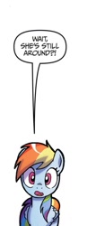 Size: 572x1334 | Tagged: safe, artist:tonyfleecs, derpibooru import, idw, rainbow dash, pegasus, pony, g4, spoiler:comic, spoiler:comicff31, dialogue, female, mare, simple background, solo, speech bubble, white background