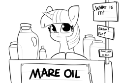 Size: 1980x1340 | Tagged: safe, artist:tjpones, derpibooru import, twilight sparkle, unicorn twilight, pony, unicorn, black and white, female, grayscale, hooves together, looking at you, mare, monochrome, oil, sign, simple background, solo, white background