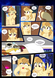 Size: 3259x4607 | Tagged: safe, artist:estories, derpibooru import, discord, oc, oc:alice goldenfeather, draconequus, pegasus, pony, comic:nevermore, bed hair, book, comic, exclamation point, flashback, high res, knocking, pegasus oc, pillow, sleeping, thought bubble, yawn