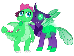 Size: 3200x2422 | Tagged: safe, artist:sweetielover, derpibooru import, oc, oc only, oc:goldigony, oc:sparkly emerald, changedling, changeling, dragon, 2023 community collab, changeling oc, derpibooru community collaboration, dragoness, duo, female, glowing, high res, male, simple background, standing, transparent background