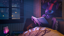Size: 1920x1080 | Tagged: safe, artist:retro0range, derpibooru import, twilight sparkle, anthro, unicorn, 3d, bed, bedroom, book, comfy, computer, female, laptop computer, night, reading, source filmmaker, studying, that pony sure does love books, window