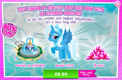 Size: 1958x1293 | Tagged: safe, derpibooru import, idw, trixie, alicorn, pony, advertisement, alicornified, costs real money, english, eyeshadow, female, fountain, gameloft, gem, horn, idw showified, jewelry, makeup, mare, mirror universe, numbers, official, princess of humility, race swap, sale, solo, solo focus, spread wings, text, tiara, trixiecorn, wings