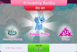 Size: 1262x852 | Tagged: safe, derpibooru import, idw, trixie, alicorn, pony, alicornified, bundle, costs real money, english, eyeshadow, female, fountain, gameloft, gem, horn, idw showified, jewelry, makeup, mare, mirror universe, numbers, official, princess of humility, race swap, sale, solo, solo focus, spread wings, text, tiara, trixiecorn, wings