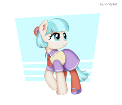 Size: 1604x1388 | Tagged: safe, artist:vinilyart, derpibooru import, coco pommel, earth pony, pony, clothes, cocobetes, cute, dress, female, flower, flower in hair, hoof shoes, mare, necktie, raised hoof, raised leg, shoes, simple background, smiling, solo, stockings, thigh highs, white background