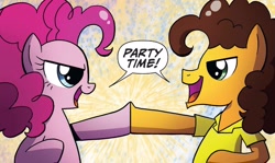 Size: 1260x750 | Tagged: safe, artist:agnesgarbowska, derpibooru import, idw, cheese sandwich, pinkie pie, earth pony, pony, friends forever, spoiler:comic, spoiler:comicff34, dialogue, duo, female, hoofbump, male, mare, speech bubble, stallion