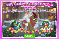 Size: 1961x1297 | Tagged: safe, derpibooru import, maple brown, kirin, advertisement, background character, background kirin, bush, cloven hooves, coin, costs real money, english, female, gameloft, gem, horn, official, present, sale, solo, solo focus, text, wreath