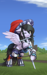 Size: 2496x4000 | Tagged: safe, artist:dipfanken, derpibooru import, oc, oc only, oc:tail, pegasus, pony, armor, bipedal, bipedal leaning, castle, clothed ponies, clothes, complex background, cute, female, greatsword, landsknecht, leaning, long tail, looking at you, mare, ocbetes, one eye closed, outdoors, pegasus oc, raised hoof, raised leg, solo, spread wings, sword, tail, weapon, wings, wink, winking at you, zweihander
