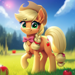 Size: 1024x1024 | Tagged: safe, derpibooru import, generator:purplesmart.ai, generator:stable diffusion, machine learning generated, applejack, earth pony, pony, apple, bow, braid, chest fluff, cute, female, fluffy, food, grass, grass field, hat, jackabetes, lens flare, looking at you, meadow, smiling, smiling at you, solo, standing