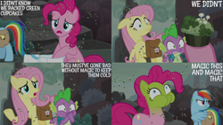 Size: 4400x2475 | Tagged: safe, derpibooru import, edit, edited screencap, editor:quoterific, screencap, fluttershy, pinkie pie, rainbow dash, spike, fly, fly-der, hybrid, spider, school raze