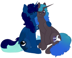 Size: 3300x2652 | Tagged: safe, artist:calibykitty, derpibooru import, oc, oc only, oc:midnight specter, oc:nightlight canvas, alicorn, pony, unicorn, 2023 community collab, cheek squish, cheek to cheek, cutie mark, derpibooru community collaboration, eyelashes, eyes closed, female, folded wings, freckles, glasses, hug, hugging a pony, long hair, long mane, long tail, multicolored hair, multicolored mane, multicolored tail, raised hoof, raised leg, siblings, simple background, sisters, sitting, squishy cheeks, tail, transparent background, wings