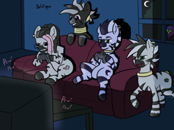 Size: 3644x2731 | Tagged: safe, artist:datzigga, derpibooru import, pinkie pie, oc, oc:dizzy, oc:midnight rambler, oc:moonlight miles, oc:tattoo you, zebra, controller, ear piercing, earring, glasses, goggles, hanging out, jewelry, moon, night, night vision goggles, piercing, sofa, video game, zebra oc