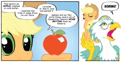 Size: 1334x688 | Tagged: safe, artist:carla speed mcneil, derpibooru import, idw, applejack, vermouth roux, earth pony, griffon, pony, friends forever, g4, spoiler:comic, spoiler:comicff01, apple, dialogue, duo, female, food, mare, speech bubble, that pony sure does love apples