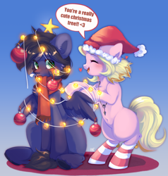 Size: 2546x2678 | Tagged: safe, artist:pledus, derpibooru import, oc, oc only, oc:fenris ebonyglow, oc:kara waypoint, earth pony, pegasus, pony, bauble, blushing, christmas, christmas lights, christmas ornament, clothes, decoration, duo, earth pony oc, gradient background, hat, holiday, jewelry, necklace, oc x oc, pegasus oc, santa hat, scarf, shipping, socks, stockings, striped socks, thigh highs