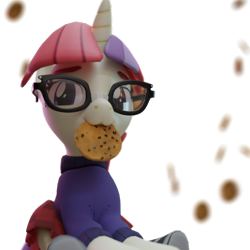 Size: 2160x2160 | Tagged: safe, artist:the luna fan, derpibooru exclusive, derpibooru import, moondancer, 3d, choker, clothes, cookie, food, glasses, looking at you, mouth hold, simple background, sitting, skirt, socks, striped socks, sweater, transparent background