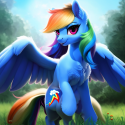 Size: 1024x1024 | Tagged: safe, derpibooru import, generator:purplesmart.ai, generator:stable diffusion, machine learning generated, rainbow dash, pegasus, pony, anatomically incorrect, beautiful, chest fluff, cute, dashabetes, ear fluff, ears, extra legs, female, fluffy, grass, grass field, looking at you, sitting, smiling, solo, spread wings, tree, wings