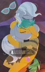 Size: 2602x4096 | Tagged: safe, artist:bearmation, derpibooru import, silver spoon, snails, earth pony, pony, unicorn, cuddling, eyes closed, female, glasses off, male, mare, older, older silver spoon, older snails, overhead view, shipping, snailspoon, stallion, straight, text